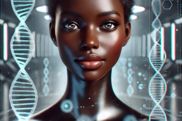 A futuristic Black woman surrounded by glowing DNA strands in a high-tech laboratory. The natural lighting highlights her radiant skin and confident expression, symbolizing the transformation of emotional DNA and holistic growth.