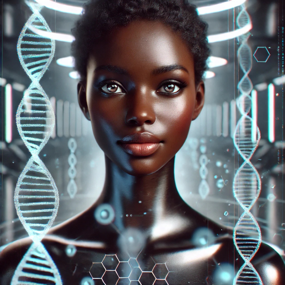 A futuristic Black woman surrounded by glowing DNA strands in a high-tech laboratory. The natural lighting highlights her radiant skin and confident expression, symbolizing the transformation of emotional DNA and holistic growth.