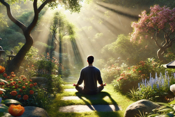 A person meditating in a tranquil garden, sitting cross-legged on grass, surrounded by flowers and sunlight streaming through trees.