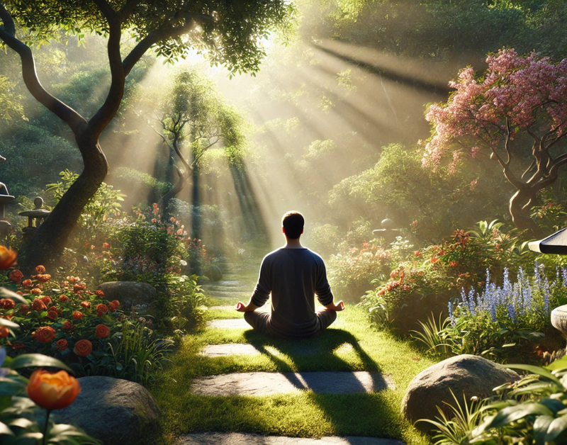 A person meditating in a tranquil garden, sitting cross-legged on grass, surrounded by flowers and sunlight streaming through trees.