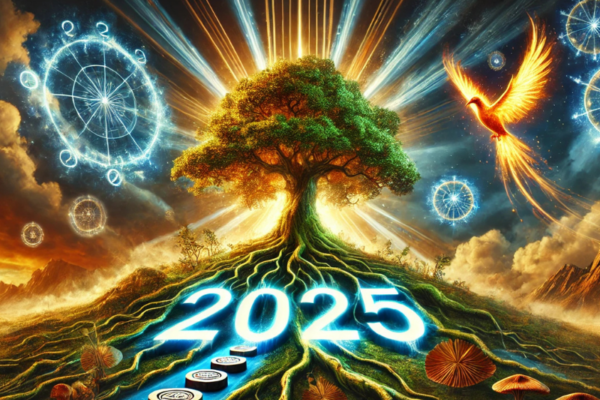 Majestic tree symbolizing growth and renewal with "2025" glowing, surrounded by stepping stones, a phoenix rising, and golden light in a dramatic natural setting.