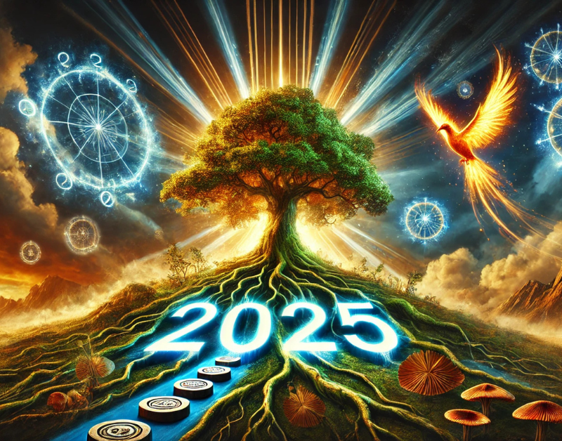 Majestic tree symbolizing growth and renewal with "2025" glowing, surrounded by stepping stones, a phoenix rising, and golden light in a dramatic natural setting.