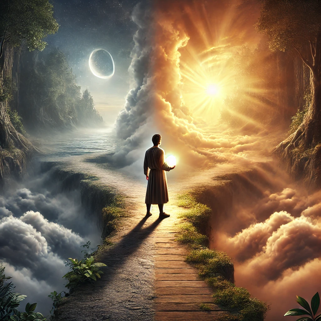 A hyperrealistic depiction of a person standing on a pathway that splits into two directions. One side is bathed in soft, warm sunlight, symbolizing growth and clarity, while the other side is shrouded in shadows and mist, representing self-doubt and limitations. The individual, dressed in textured clothing, holds a glowing orb at chest level, signifying self-awareness and inner light. The background transitions from a serene, open landscape to a dense, misty forest, illustrating the psychological and spiritual dimensions of the ego.