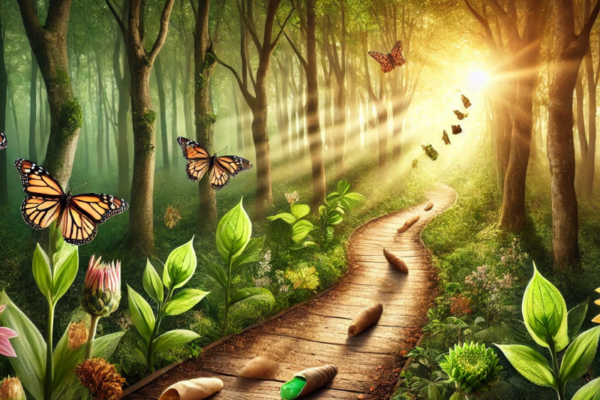 A serene forest pathway with golden light rays and symbols of transformation, including blooming flowers and butterflies, representing personal growth and overcoming challenges.