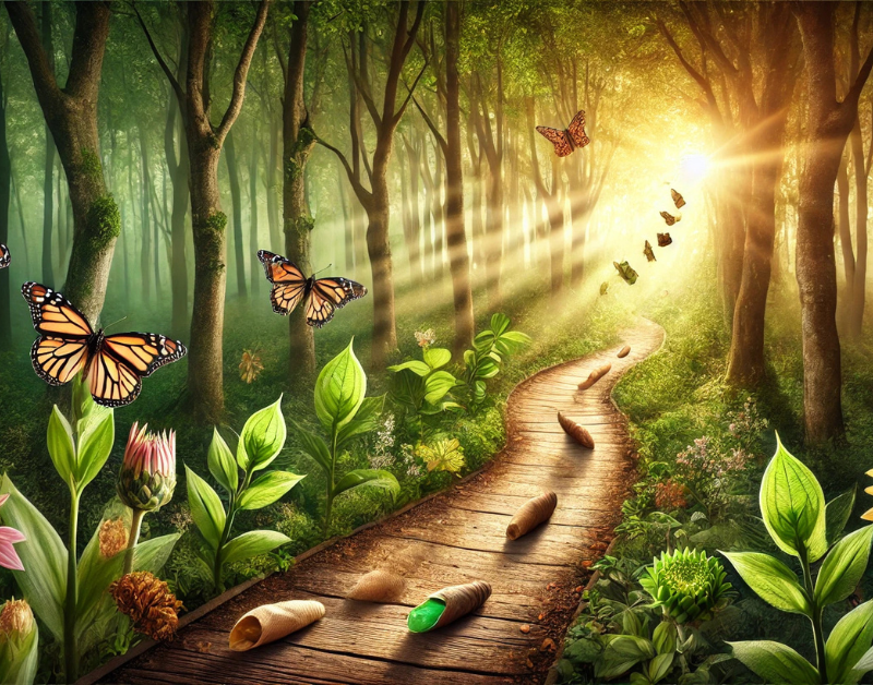 A serene forest pathway with golden light rays and symbols of transformation, including blooming flowers and butterflies, representing personal growth and overcoming challenges.