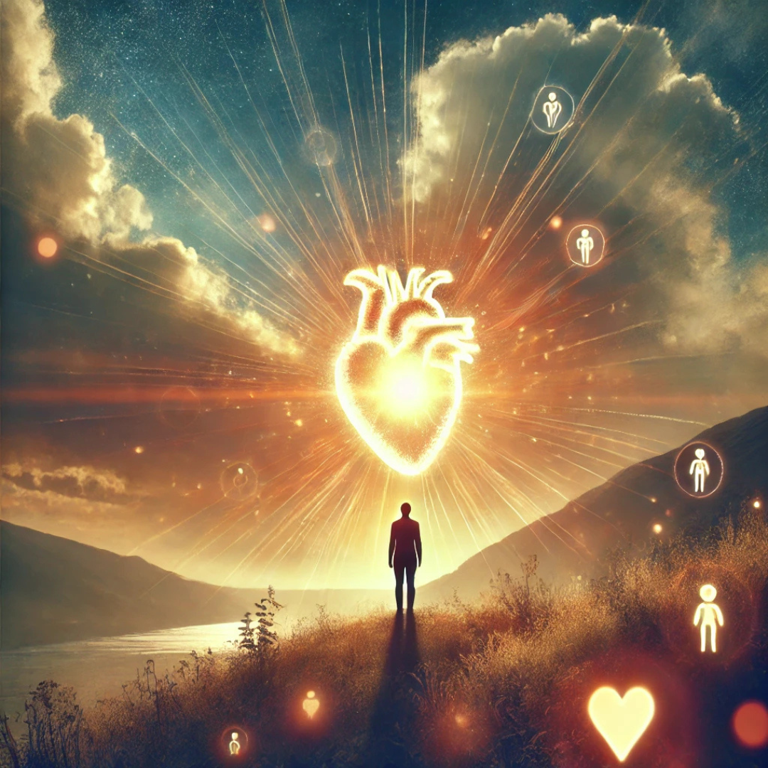 A person standing on a hilltop under a dramatic sky with sunlight breaking through the clouds. Their heart area is illuminated, radiating a warm, glowing light, symbolizing vulnerability, emotional resilience, and personal empowerment. Subtle outlines of hands and figures in the background represent community and connection.