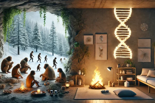 An artistic split image showing prehistoric humans in a winter cave huddled around a fire on the left, and a modern person in a cozy interior with a light therapy lamp and natural supplements on the right. A glowing DNA strand connects the two scenes, symbolizing the evolutionary link between past and present human adaptation to seasonal changes.