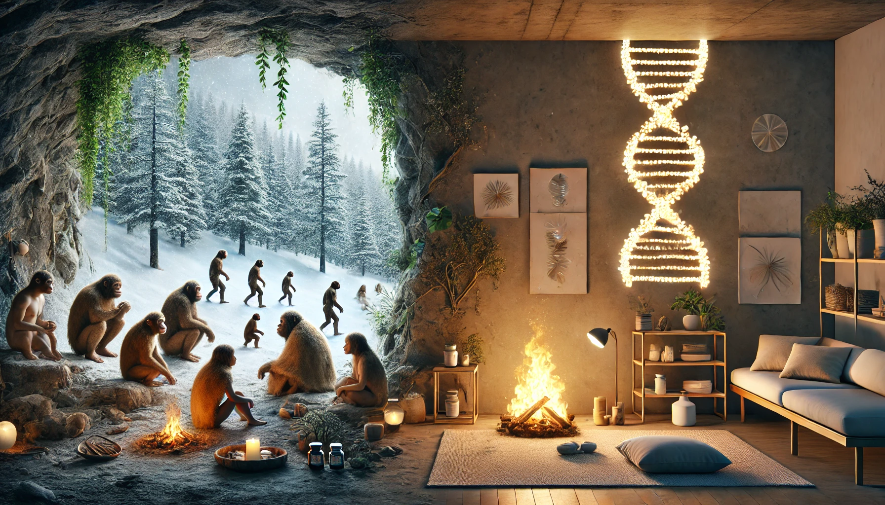 An artistic split image showing prehistoric humans in a winter cave huddled around a fire on the left, and a modern person in a cozy interior with a light therapy lamp and natural supplements on the right. A glowing DNA strand connects the two scenes, symbolizing the evolutionary link between past and present human adaptation to seasonal changes.