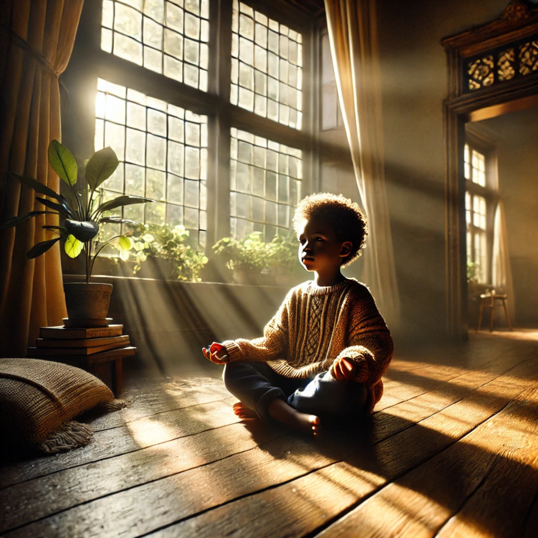 A hyperrealistic image of a racially ambiguous child meditating indoors, bathed in warm natural light streaming through a window. The light and shadows play dramatically across the child's peaceful face and textured sweater, creating an introspective and healing atmosphere. The setting includes a polished wooden floor, scattered books, a potted plant, and a cozy blanket, emphasizing tranquility and mindfulness.