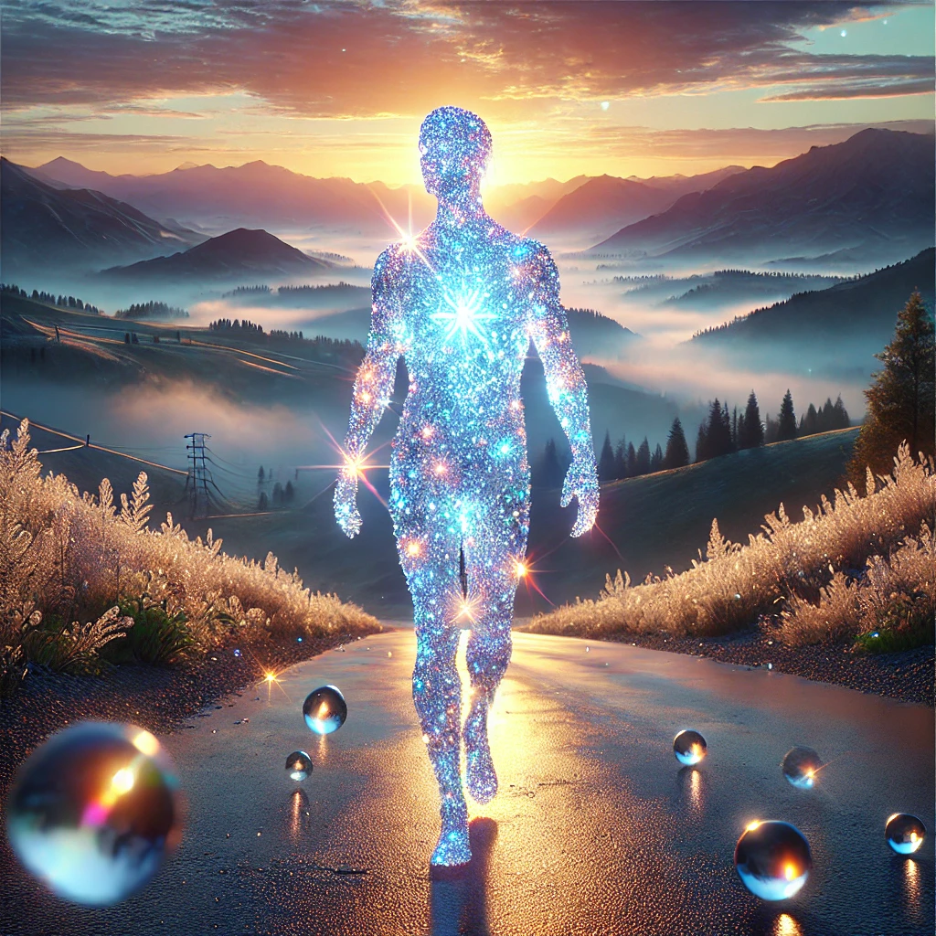A delicate diamond figure walking on a winding road during a serene dawn, surrounded by glowing valleys, dewdrops, and ethereal light. The figure sparkles with bioluminescence and holds a universe of stars within, symbolizing the beauty of transformation and imperfection.