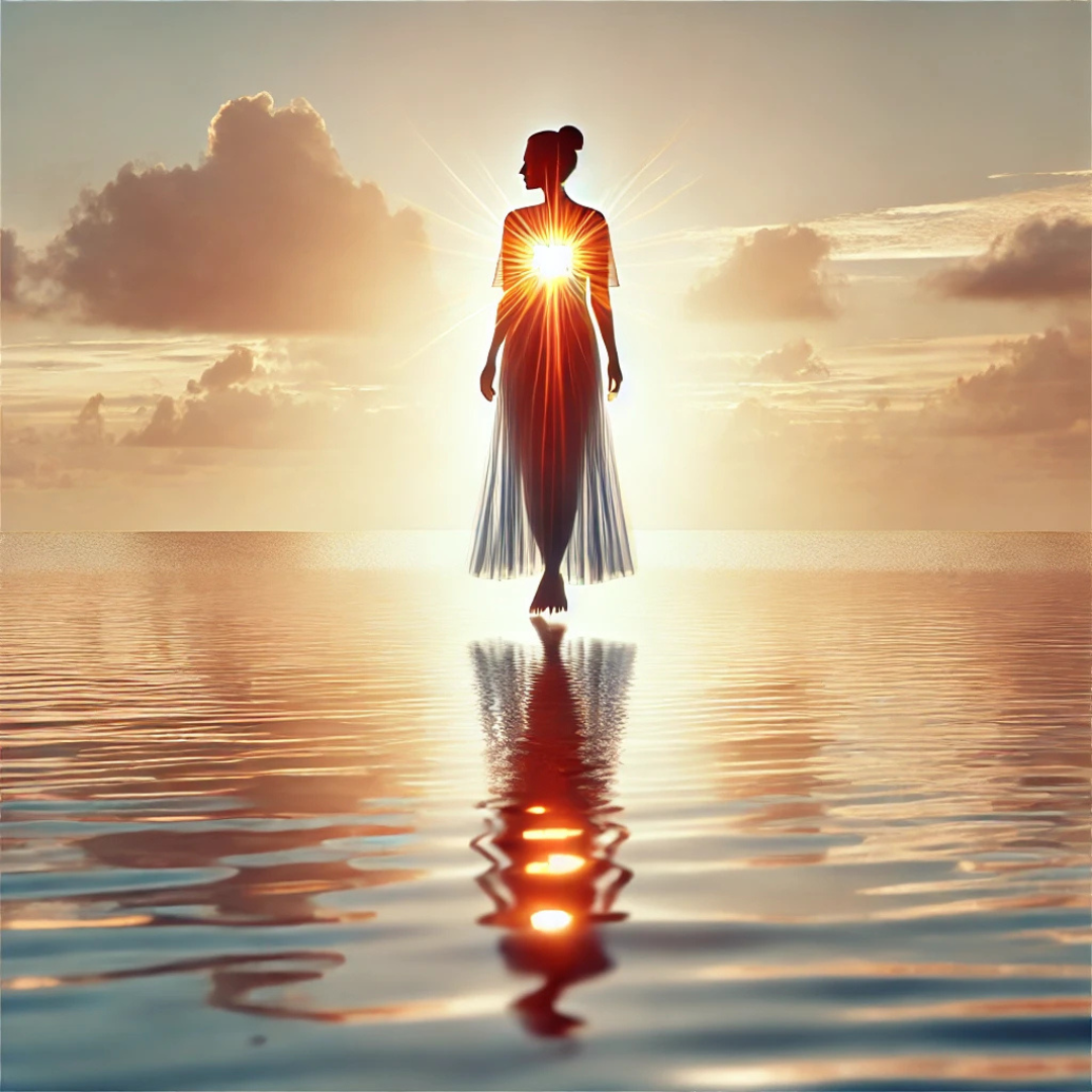 A full-length silhouette of a woman standing gracefully, blending with a serene ocean sunset. A radiant glow emanates from her heart, symbolizing self-compassion and inner light. The ocean's reflective surface and warm sunset hues create an ethereal and transformative scene.