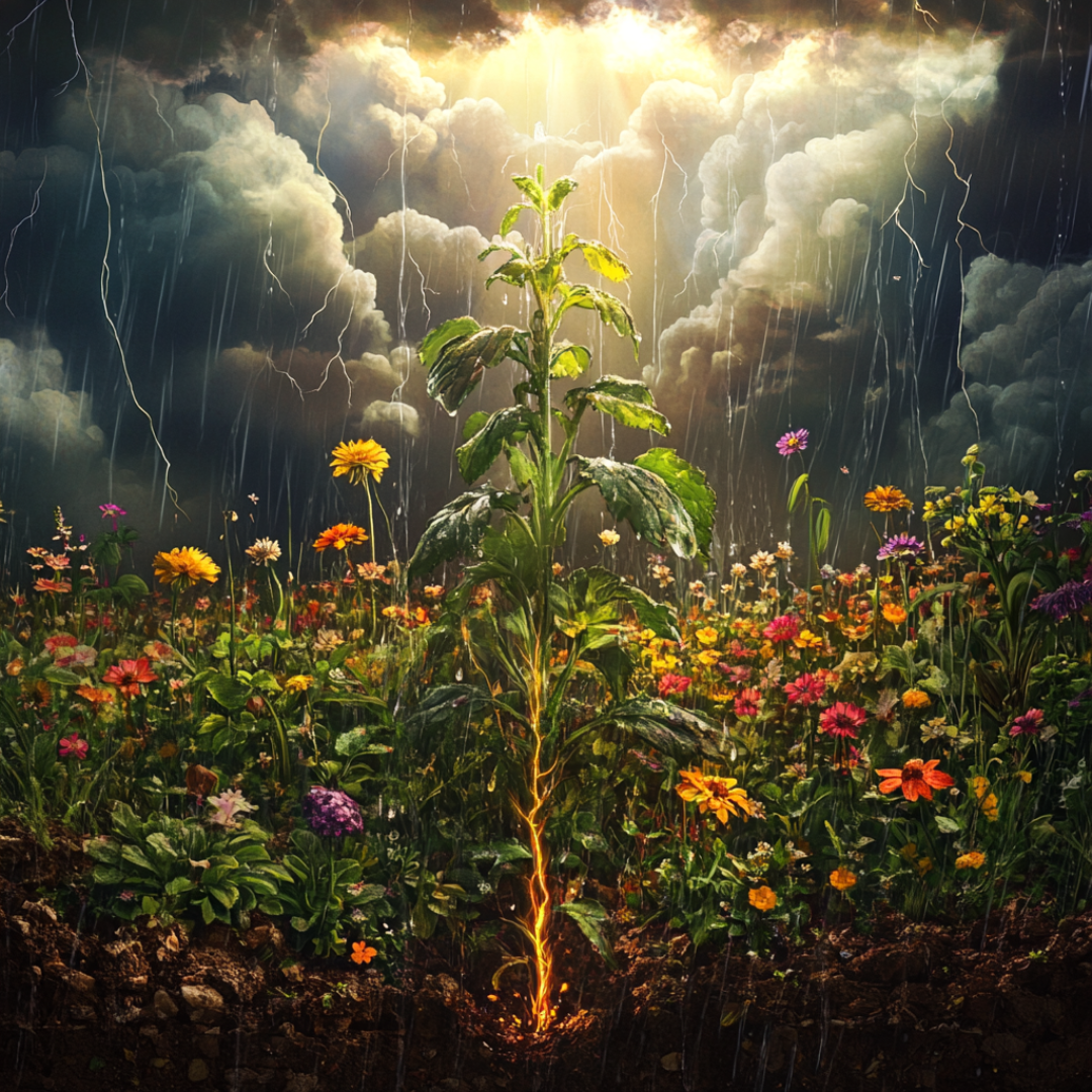 Thriving garden with vibrant flowers, deep roots, dark storm clouds, and sunlight breaking through, symbolizing resilience, hope, and growth despite life's challenges.