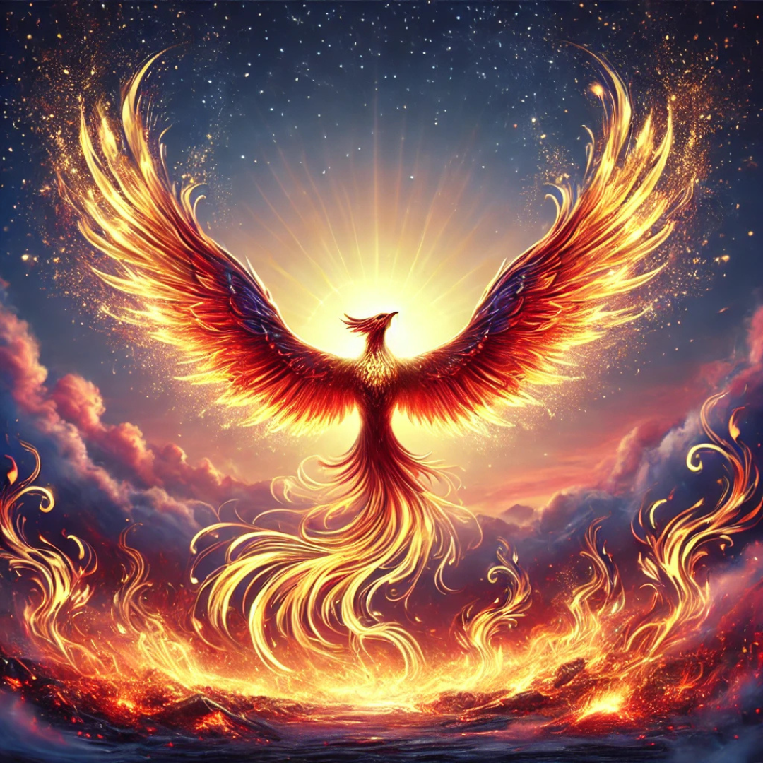 Majestic phoenix rising from glowing ashes, with vibrant orange, red, and gold flames and a soft dawn sky symbolizing hope and transformation.